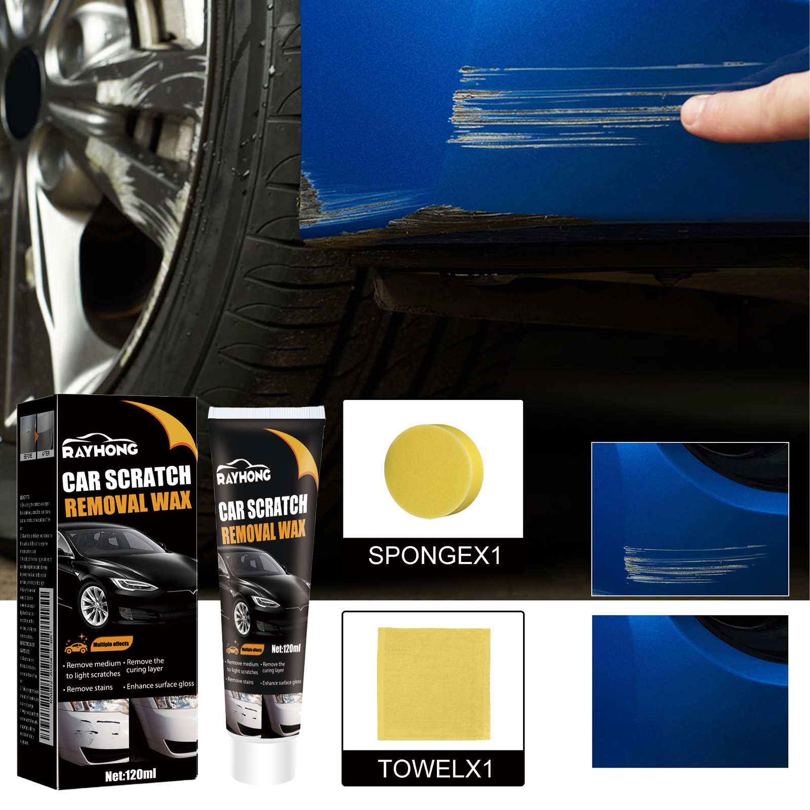 Car Scratch Repair Wax, Auto Paint Scratch Remover With Sponge & Towel, Restores Faded Car Paint, Removes Oxidation Stains Water Marks 9