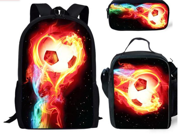 Football Print Children's Three-piece Backpack Satchel Big Pen Bag Student Backpack