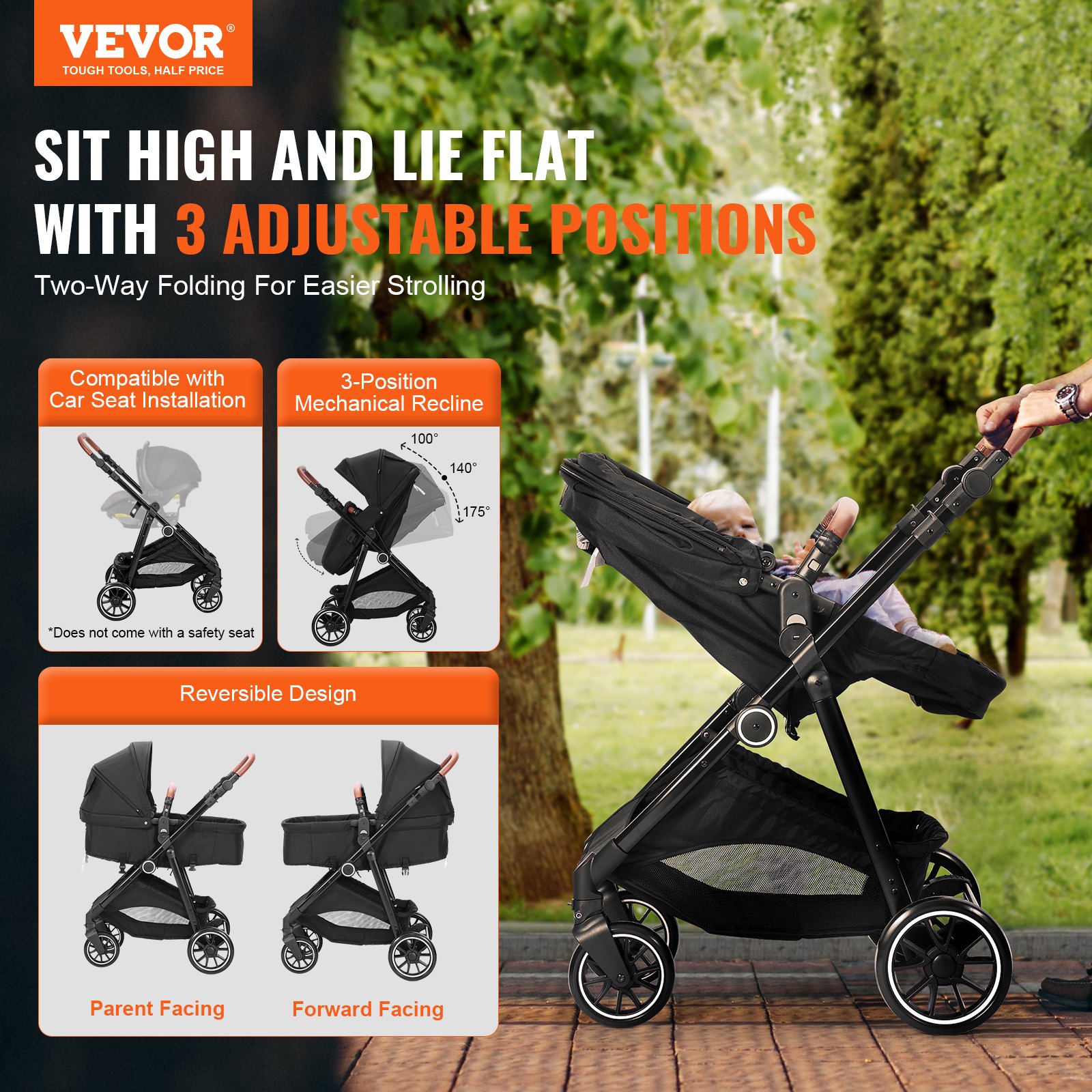 VEVOR Standard Baby Stroller, Infant Toddler Stroller With Bassinet, 3rd-Gear Adjustable Backrest  Foldable & Reversible Seat, Carbon Steel Newborn Stroller With Leg Cover And Mesh Net, Black