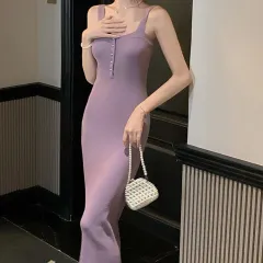 Hip Wrapped Purple Knitted Dress Cardigan Two-piece Suit - Purple - View 1