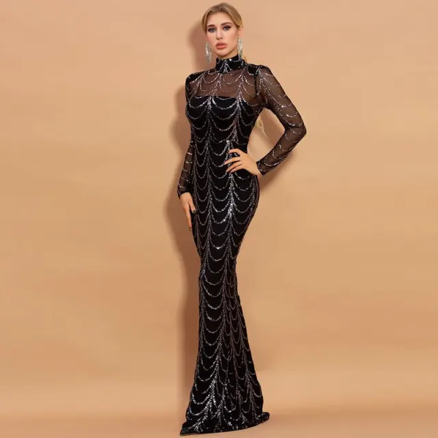 Sequins Women Maxi Dresses Long Sleeve Female Party Dresses Black - Shop at LoveMi