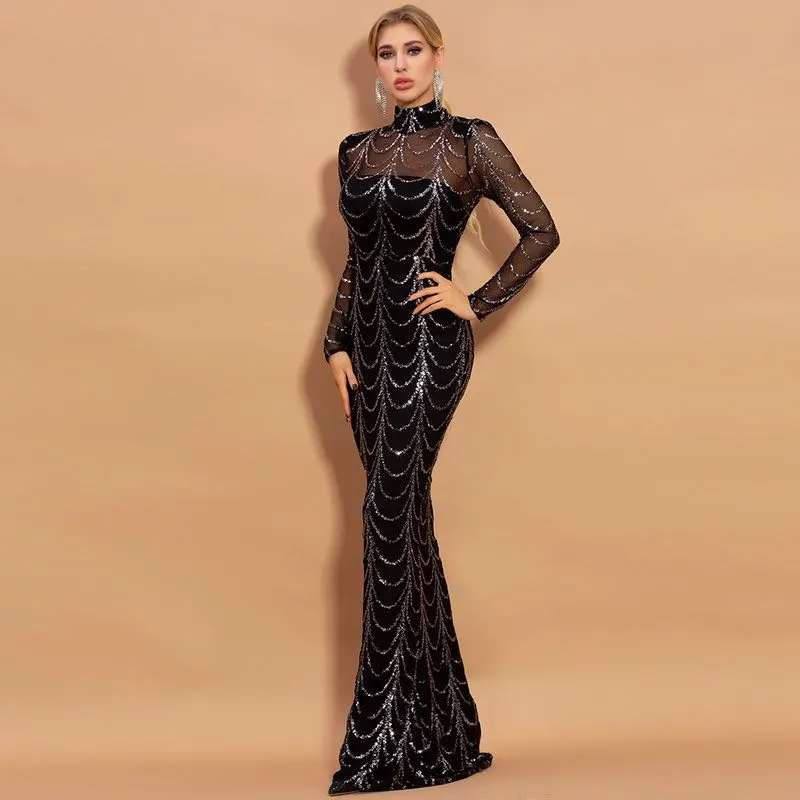 Sequins Women Maxi Dresses Long Sleeve Female Party Dresses - Black