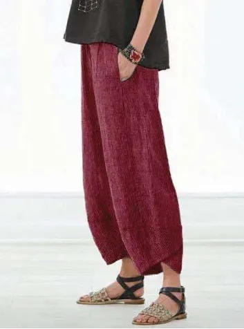 Women's New Solid Color Pocket Cotton And Linen Casual Pants Wine Red - Shop at LoveMi