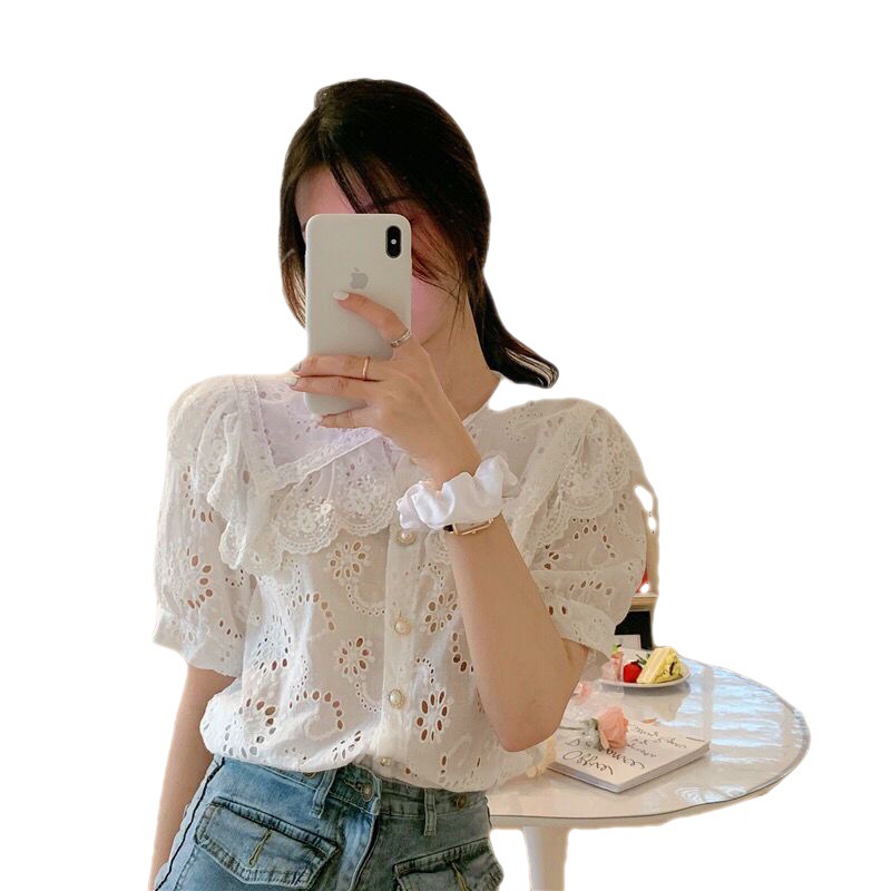 Title 2, Temperament Hollow Embroidery White Lace Shirt ...