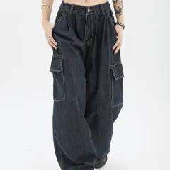 Retro Design Sense High Waist Straight Loose Wide Leg Mop Pants - Blue - View 1