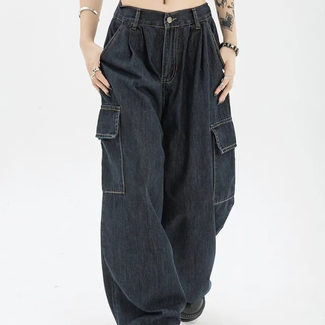 Retro Design Sense High Waist Straight Loose Wide Leg Mop Pants Blue - Shop at LoveMi