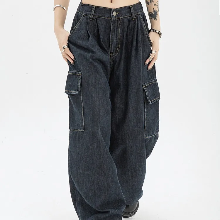 Retro Design Sense High Waist Straight Loose Wide Leg Mop Pants - Blue