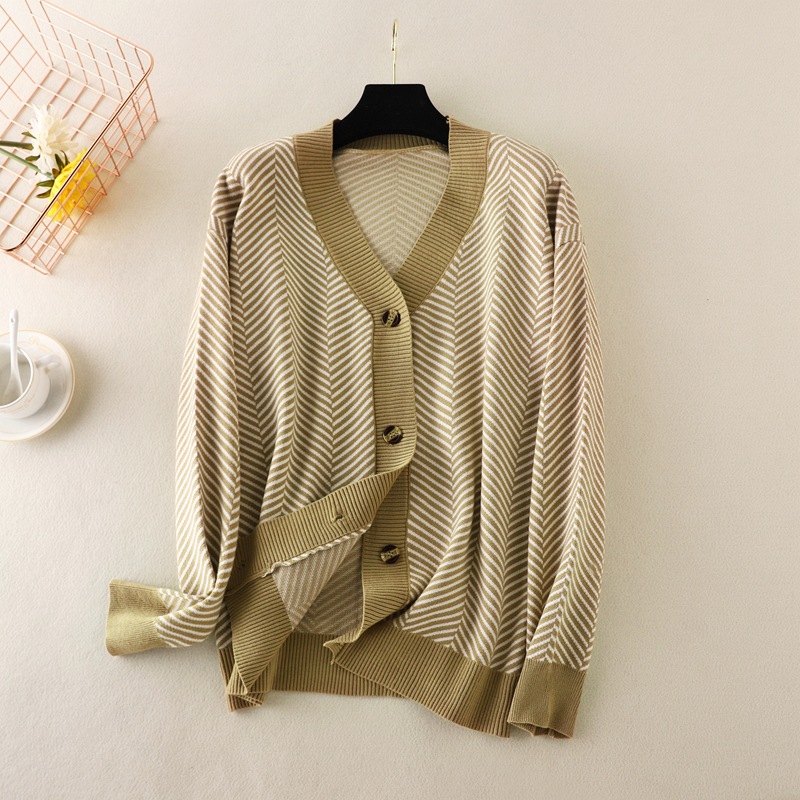 Single Breasted Cardigan V-Neck Contrast Loose Striped Sweater Jacket