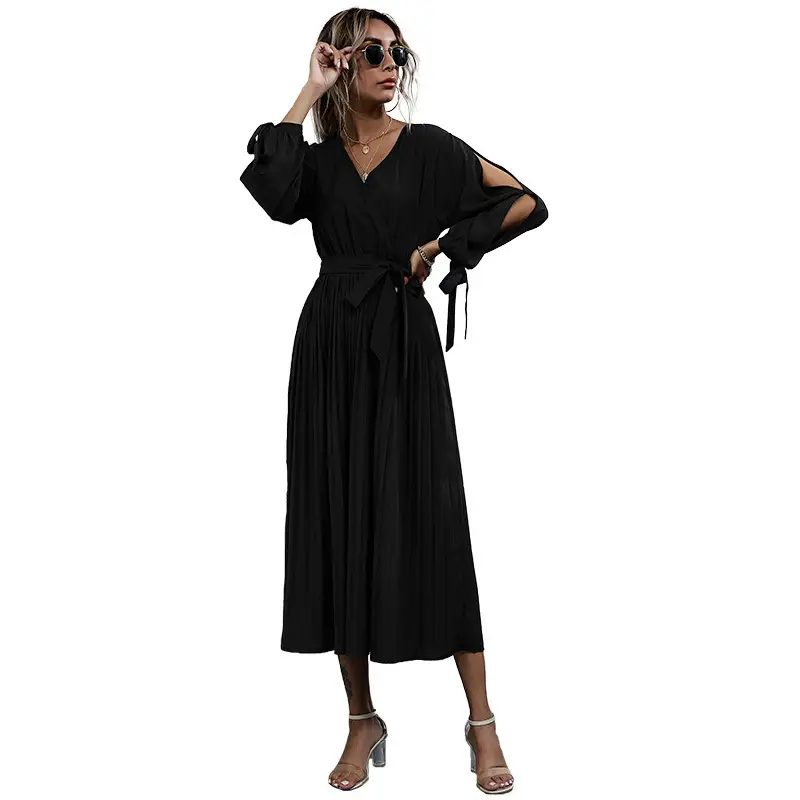 European And American Black Solid Long Sleeve V Collar Hollow