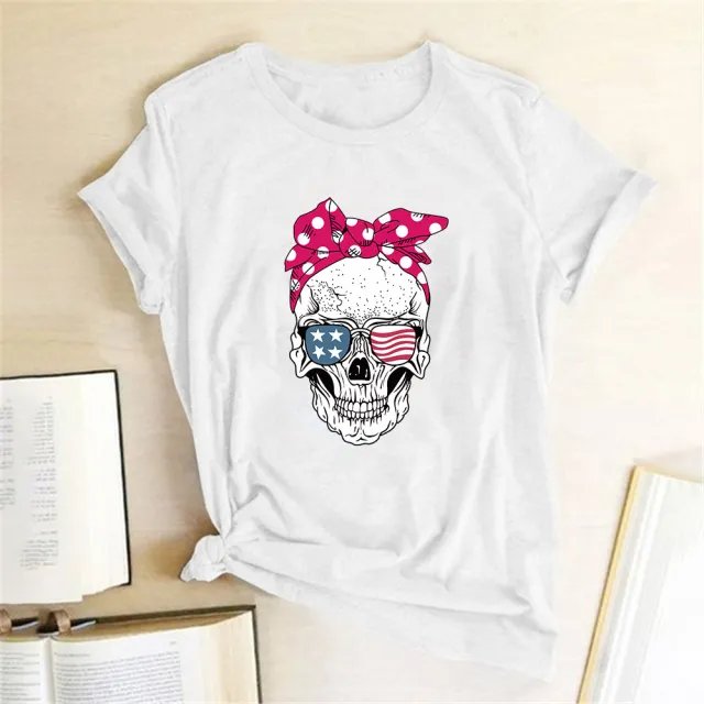 Bandana Sunflower Sunglasses Skull Print Short Sleeve T shirt White - Shop at LoveMi