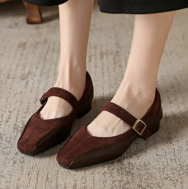 Women Stylish Vintage Mary Jane Shoes, French Soft Leather Low Cut Pumps, One Strap Block Heel Ladies Leather Shoes
