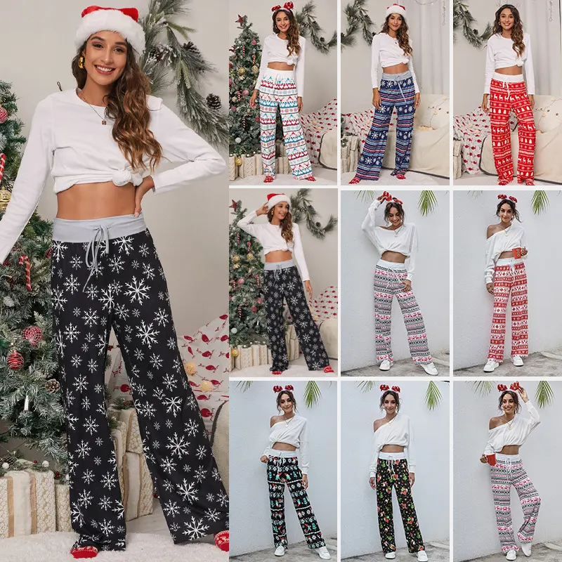 Christmas Print Pants Women Fashion Casual Drawstring Trousers