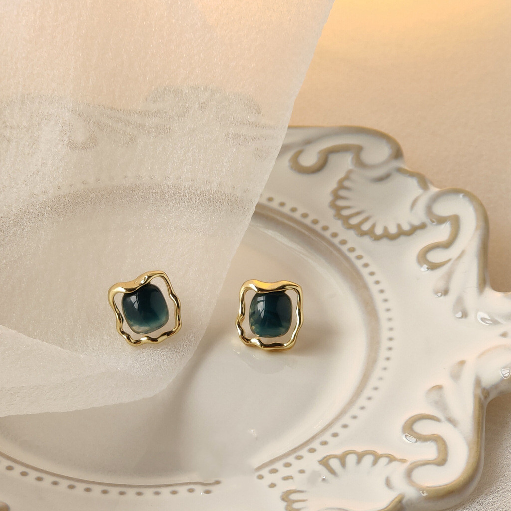 Haze Blue Retro Square 925 Silver Needle Hollow Personality Stud Earrings