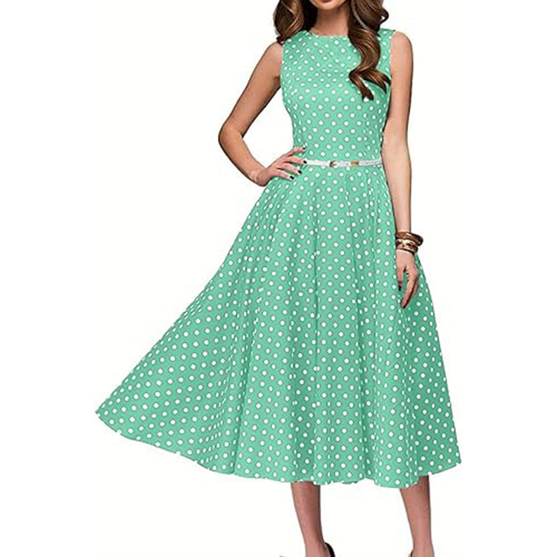 Women's Vintage Polka Dot Sleeveless Dress O-Neck Summer Cocktail Party Dress - Picture 9 of 10