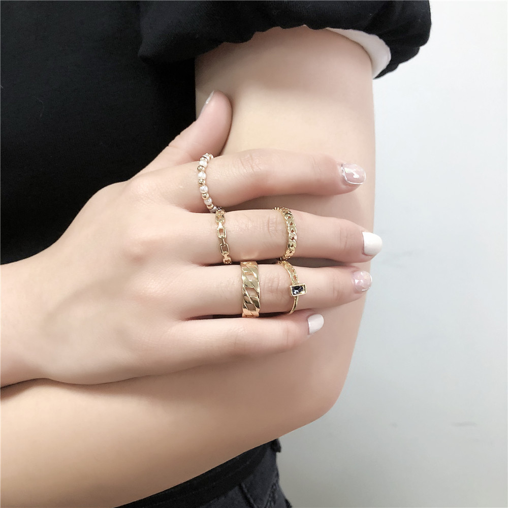 Pearl Ring Set Creative Geometric Hollow Iron Chain Ring