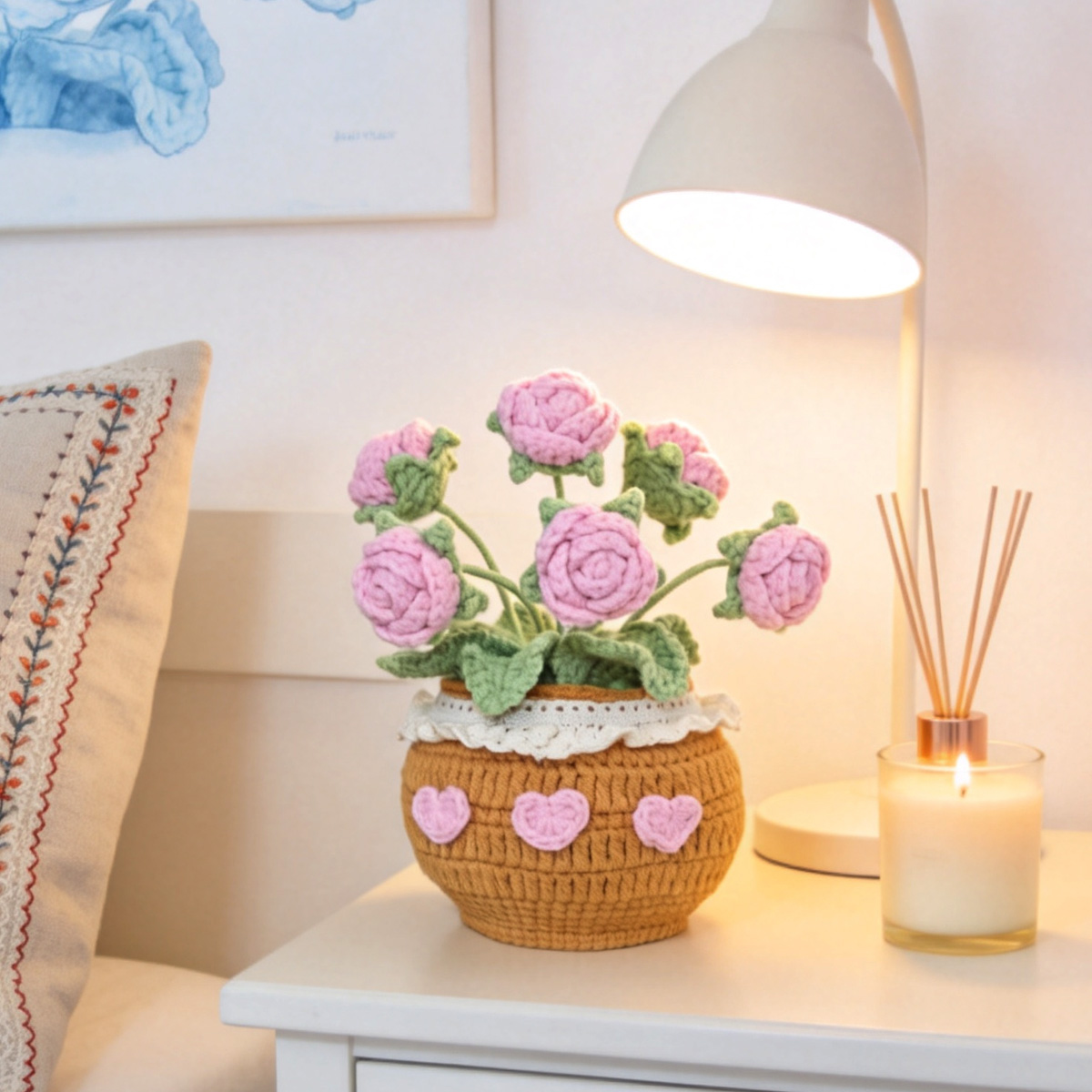 Ornament de ghiveci în formă de trandafir, realizat manual la croșetat, cu decorațiune în formă de inimă, cadou de ziua de naștere, decor pentru biroul de