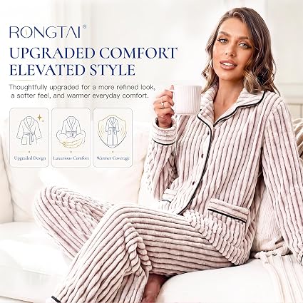 RONGTAI Ribbed Button Down Pajama Set Long Sleeve Plush Fleece PJs — image 5