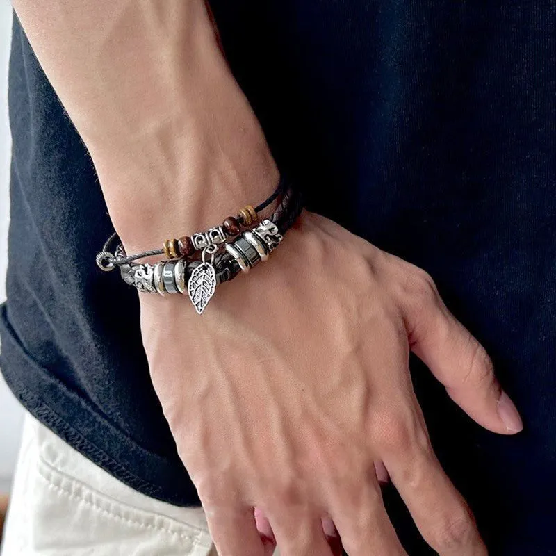 1pcs Double Layer Braided Leather Wooden Bead Leaf Charm Bracelet, Vintage Boho Ethnic Style, For Men Women Daily Outdoor Wear & Couple Holiday Gifts