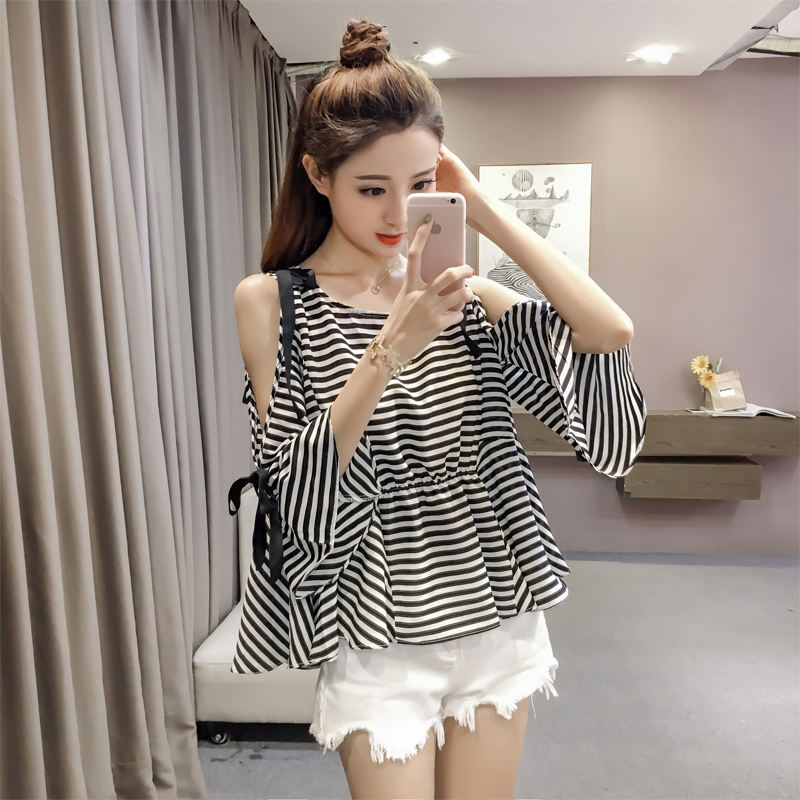 Autumn New Style Strapless Loose Flared Sleeve Chiffon Shirt Female Super Fairy Slim Baby Shirt
