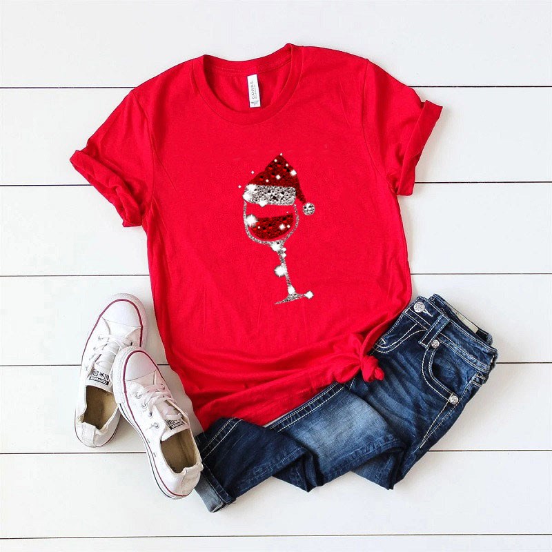 Christmas Red Wine Cup Printed Short Sleeve Neck T-shirt