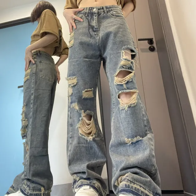 Hiphop Ripped Jeans For Women With Loose Wide Legs Blue - Shop at LoveMi