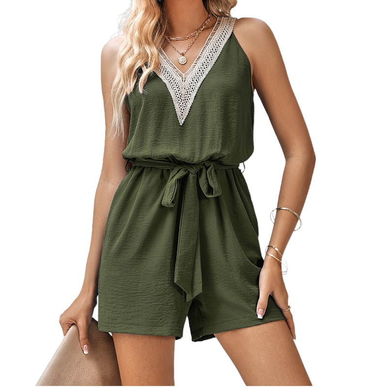 Women's Casual Lace V-neck Solid Color Sleeveless Jumpsuit
