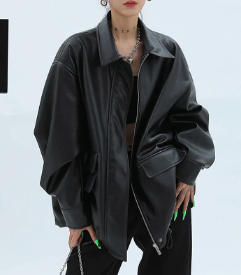 Women's Loose Retro Leather Jacket With Details