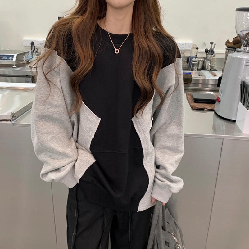 Black And Gray Color Matching Fake Two-piece Sweater Loose Lazy Ins