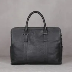 Vintage Vegetable Tanned Leather Men's First Layer Cowhide Casual Business Handbag - Grey - View 1