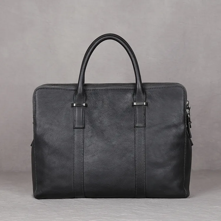 Vintage Vegetable Tanned Leather Men's First Layer Cowhide Casual Business Handbag - Grey
