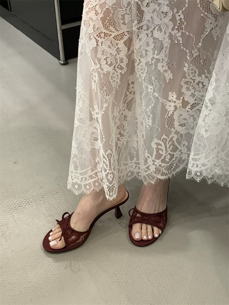 French Style Lace Bow Kitten Heel Mules For Women thumbnail 3