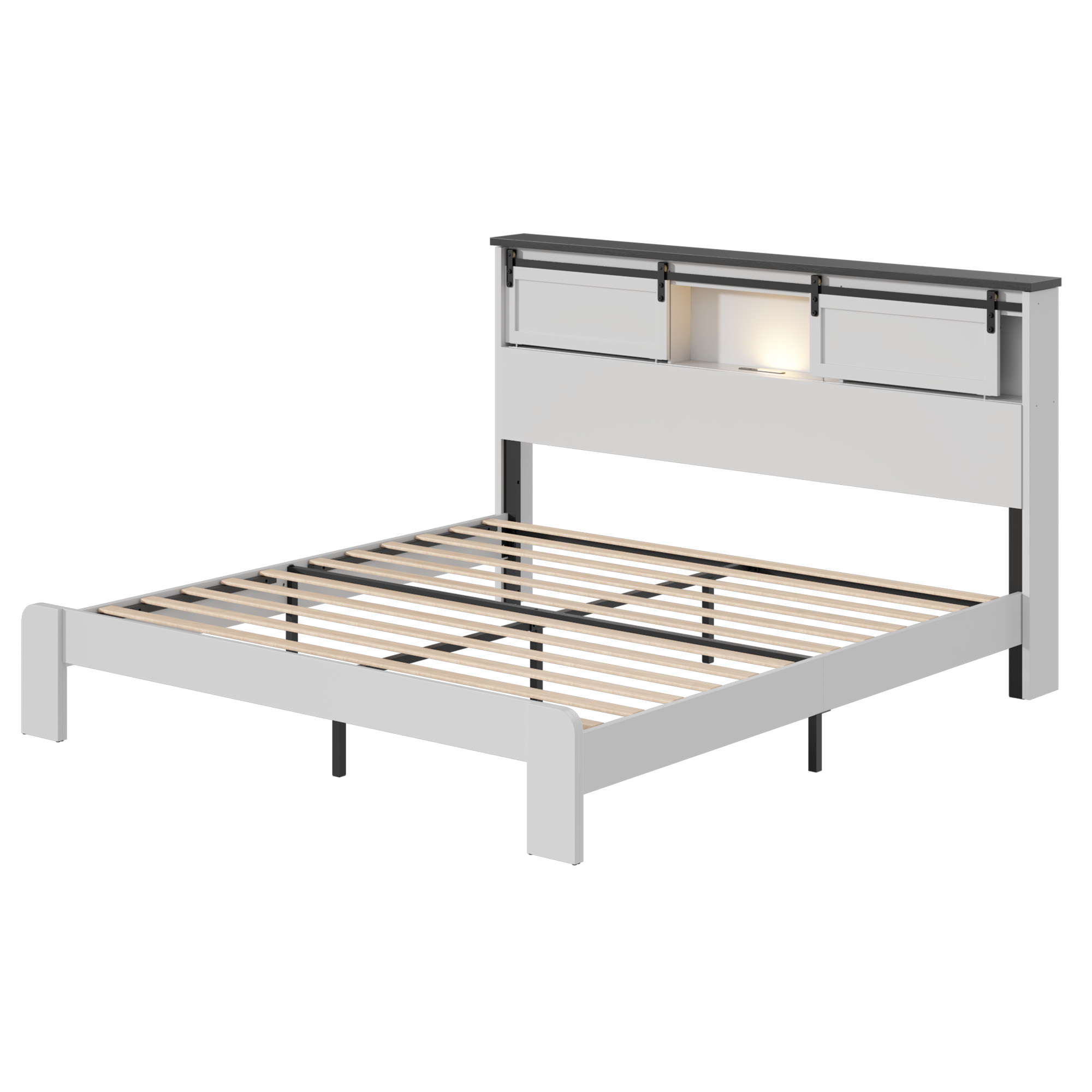 King Metal Bed Frame With Charging Station, No Box Spring, White — foto 5