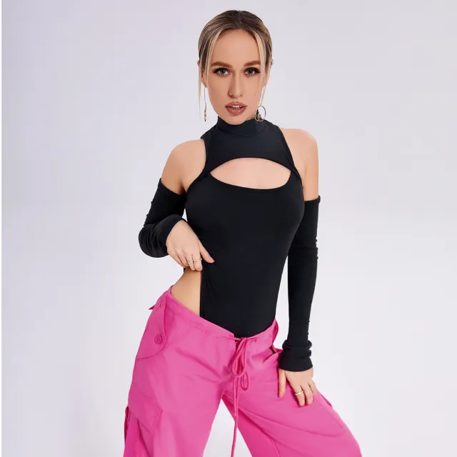 Tight fitting Sexy Chest Bottoming Shirt Irregular Hollowed Long Sleeve Slim body Off shoulder Jacket Black - Shop at LoveMi