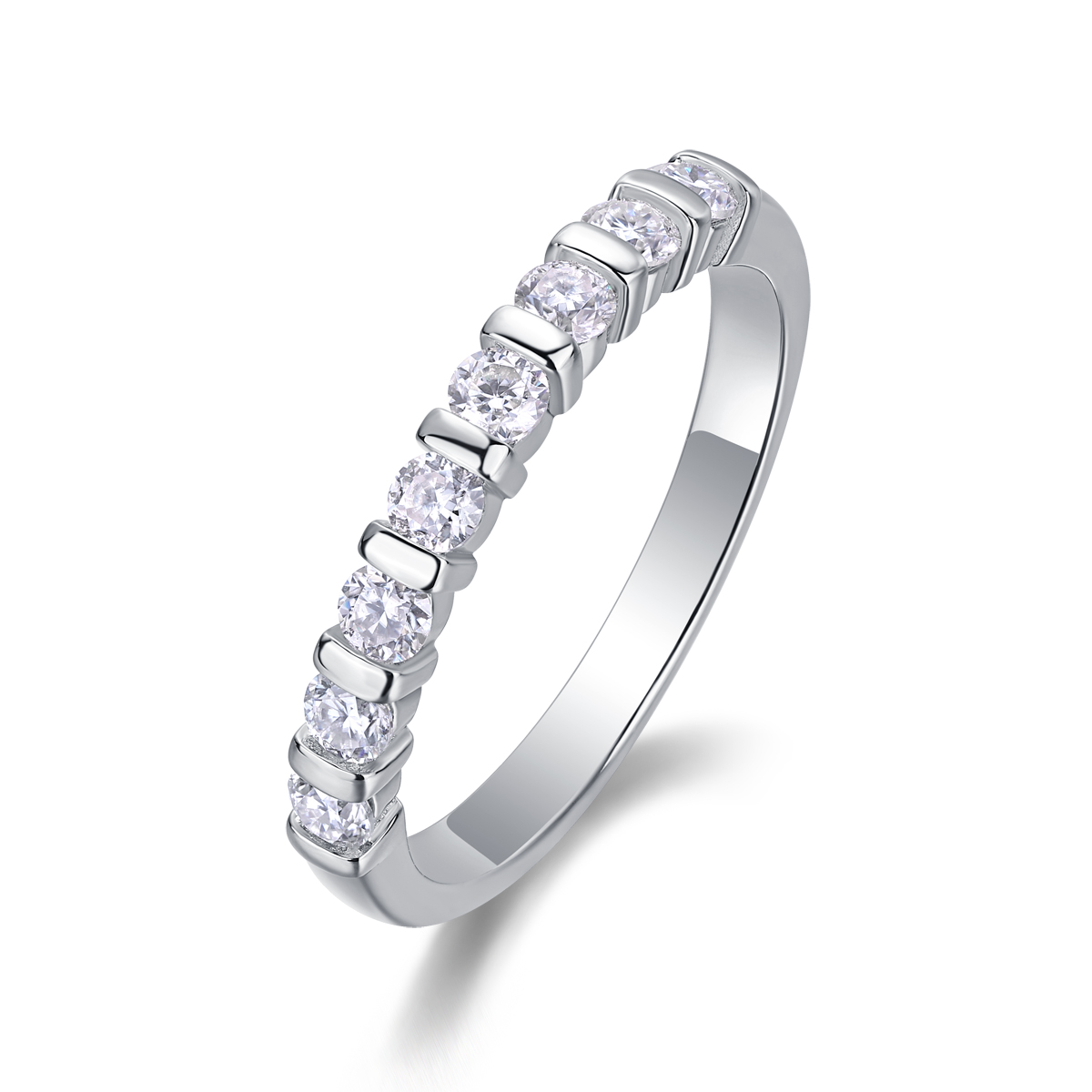 S925 Silver 2.1g Platinum Plated Moissanite Ring, 2.8mm 8pcs D VVS1 Half Eternity Band, GRA Certified US 5-9
