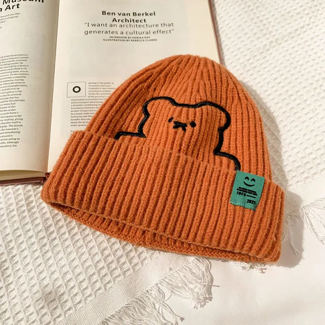 Women's Bear Pattern Knit Jacquard Beanie Orange - Shop at LoveMi