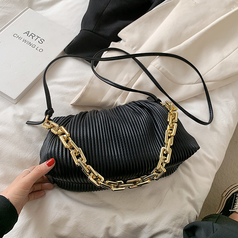 Trendy Fold Cloud Bag Personality Thick Chain Armpit Bag Black - Shop at LoveMi