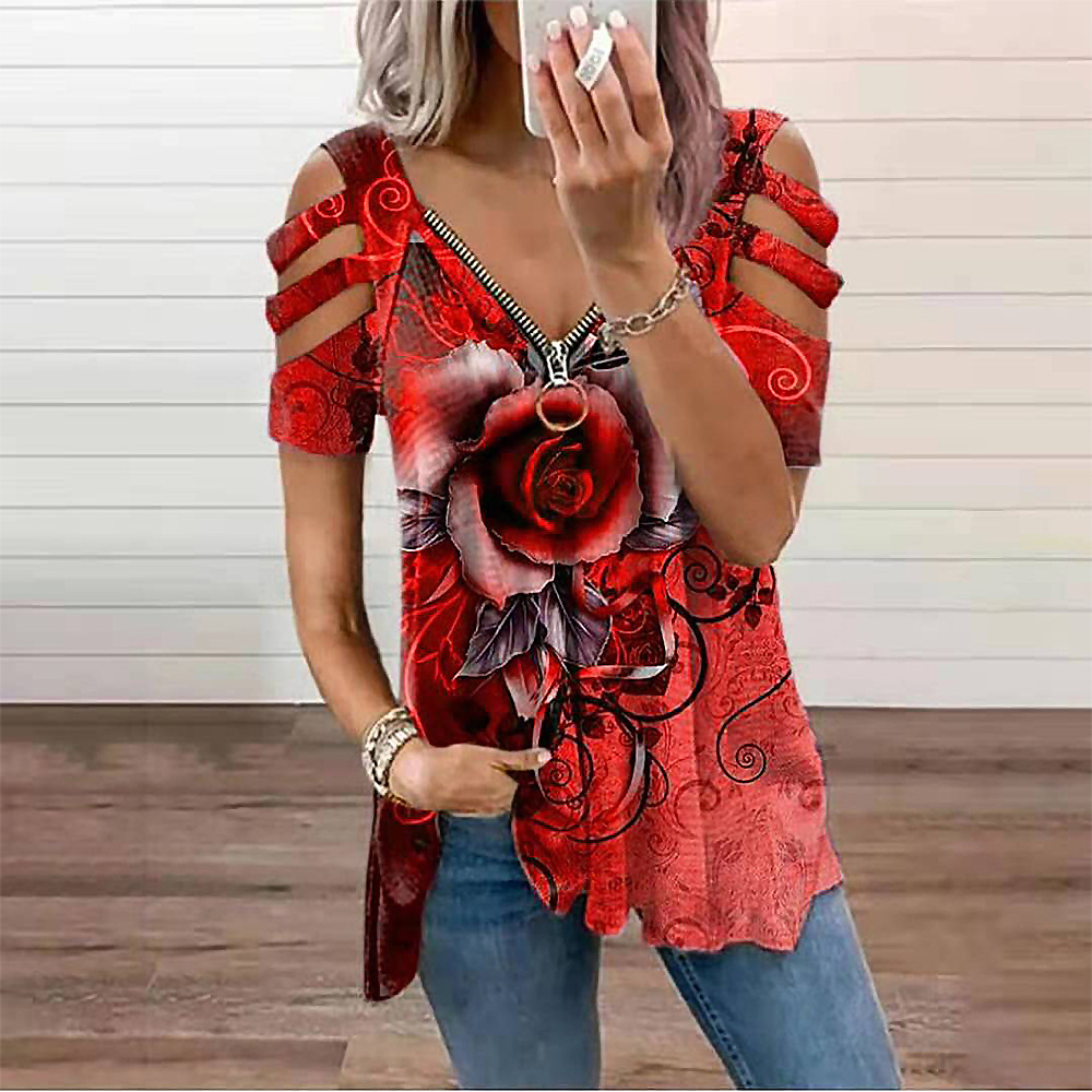 Women's Printed Short Sleeve Off Shoulder V Neck Casual Loose T-Shirt