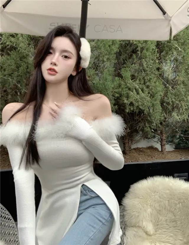 Spice Girl Off Shoulder Fur With Split Mid Length Women's Top White - Shop at LoveMi