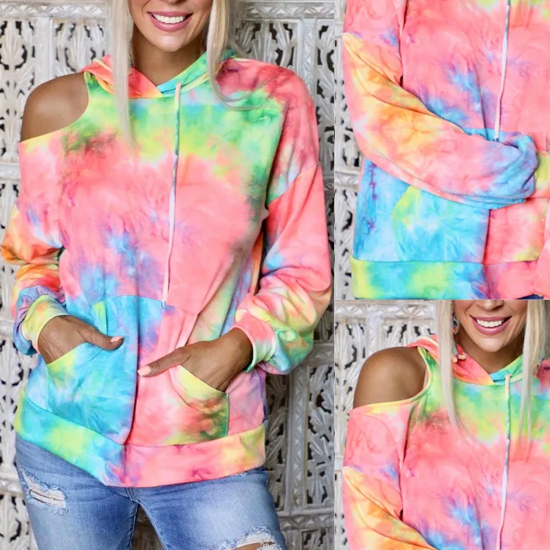 Tie-Dye Printed Long-Sleeved Pocket Hooded Sweatshirt - Pink