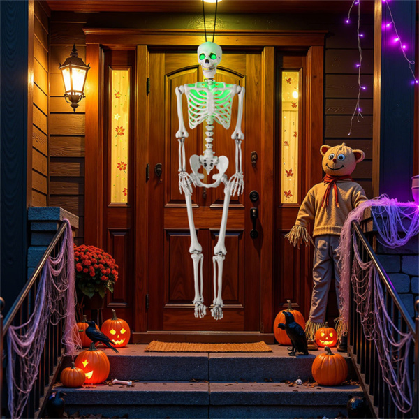 5.5ft Life-Size Pre-Lit Halloween Skeleton - Built-In Green LED Lights (Eyes/Chest), Fully Poseable Joints, PP+PE Material-22
