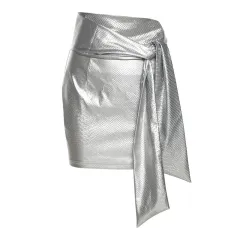 Shang PU Leather Snake Print High Waist Lace Up Skirt - Silver - View 1