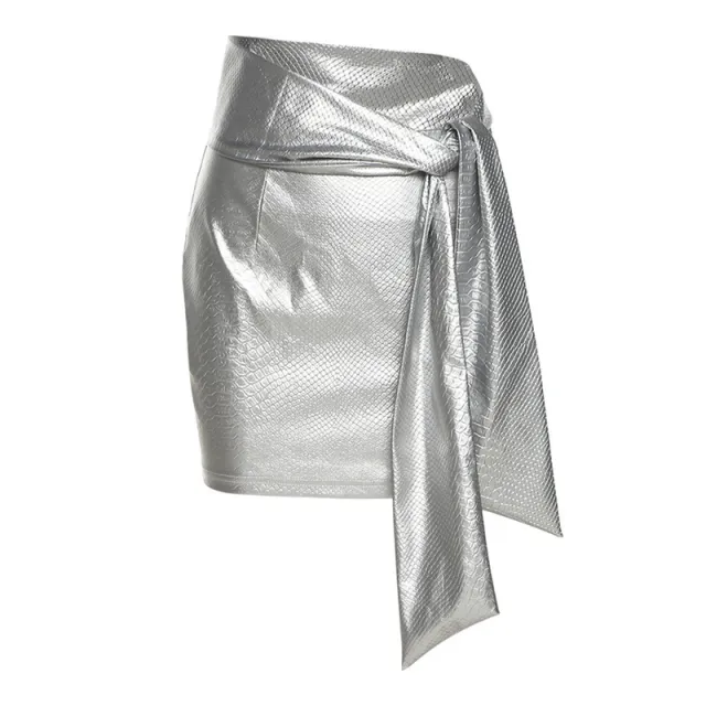 Shang PU Leather Snake Print High Waist Lace Up Skirt Silver - Shop at LoveMi