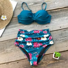 Ladies Heart Collar High Waist Two Piece Swimsuit - D-Xl - View 1