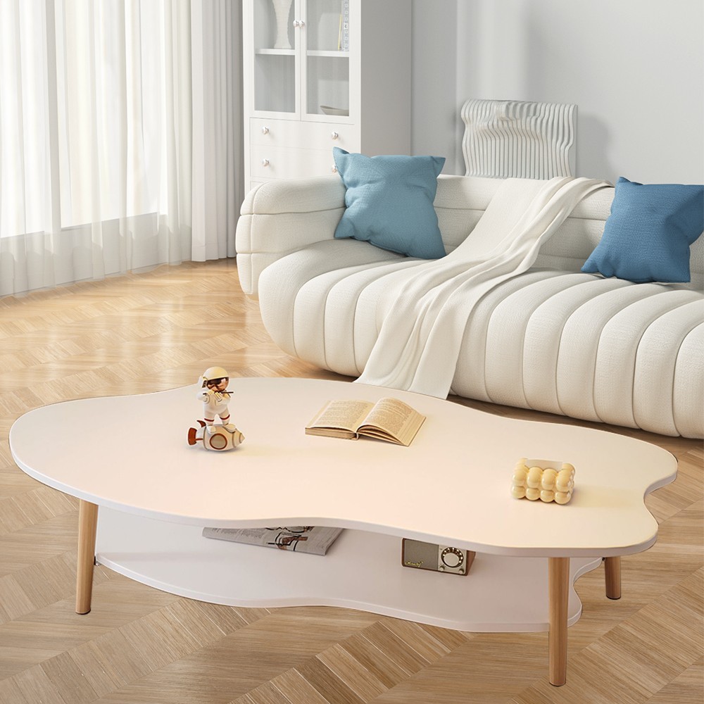2 Layer Coffee Table Cloud Tea Table Modern Living Room Desk W Storage Shelf