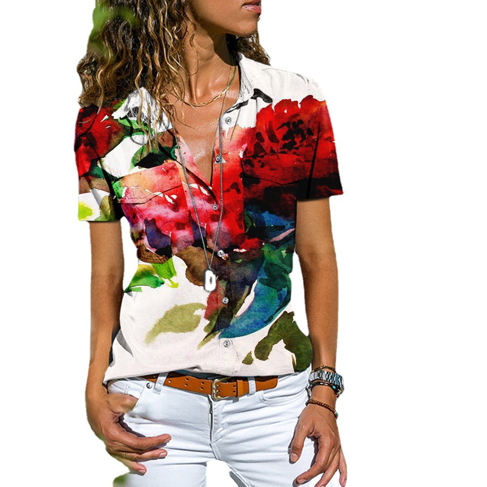 Floral Print Loose Short Sleeve Blouse