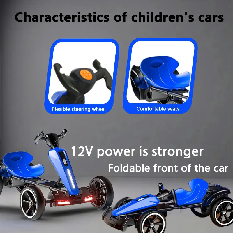 12V Electric Kids Pedal Go Kart, Folder Go Kart, Outdoor Ride On Toy With Adjustable Seat, 4 Non-Slip EVA Wheels For Boys And Girls For Age 3-6 Years Old -Blue