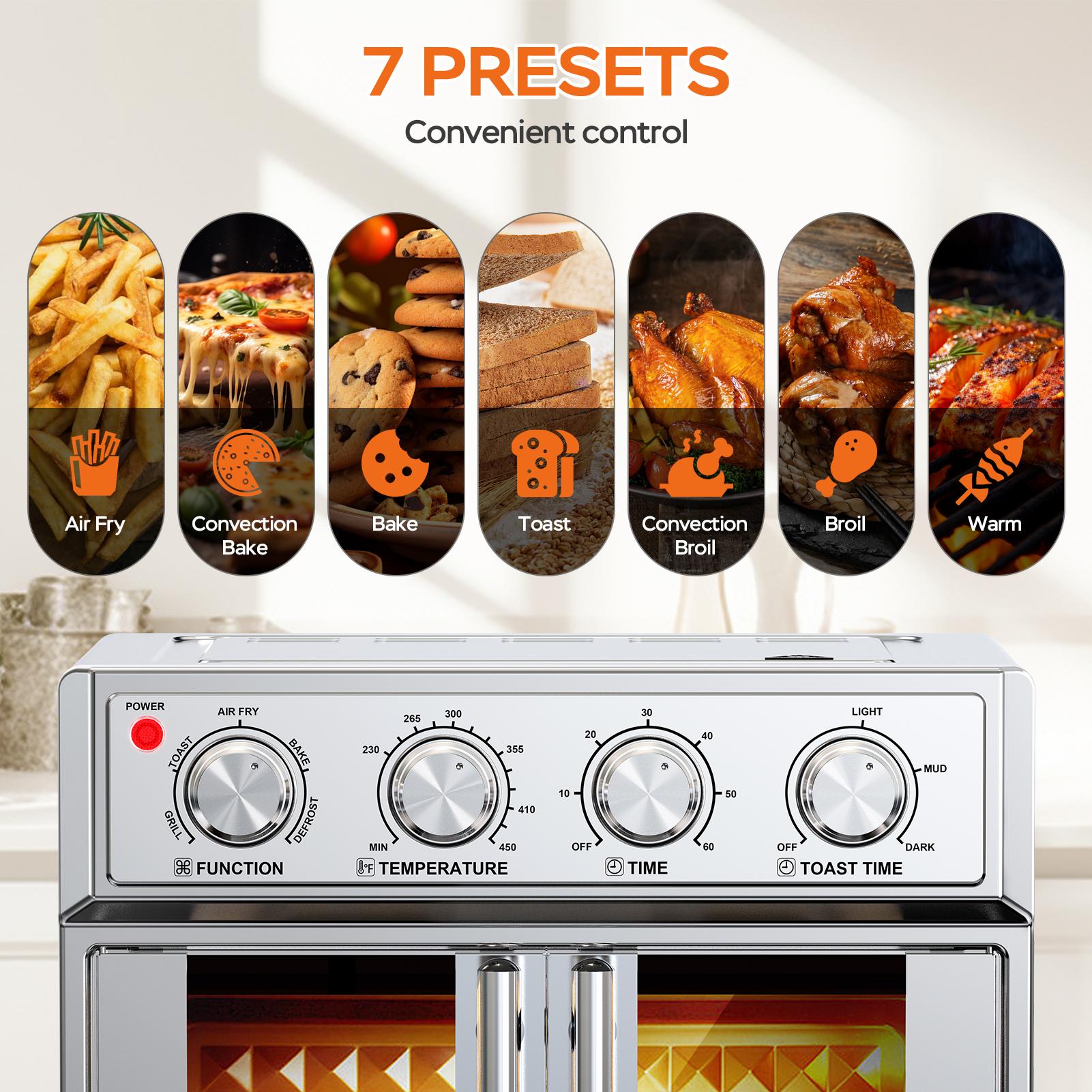 29.5 QT Air Fryer Convection Toaster Oven, French Door, 6 Slices, 1700W, Multifunction Oven, Air Fryer, Toast, Grill, Defrost, Bake, Time And Temperature Controls, Silver, Amazon Resale Prohibited — foto 6