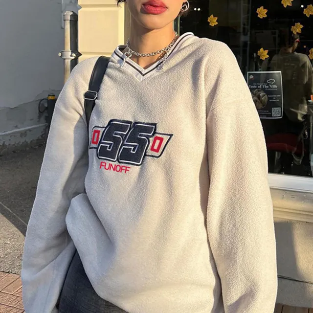 College Contrast V Neck Print Sweatshirt Loose Color - Shop at LoveMi