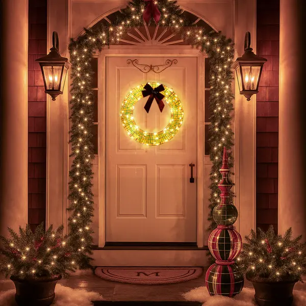 24in Pre-lit Iridescent Outdoor Christmas Wreath Decoration, Lighted Metal Wreath With Red Bow, Warm White LED Lights, For Front Door Gate Wall Indoor Outdoor H