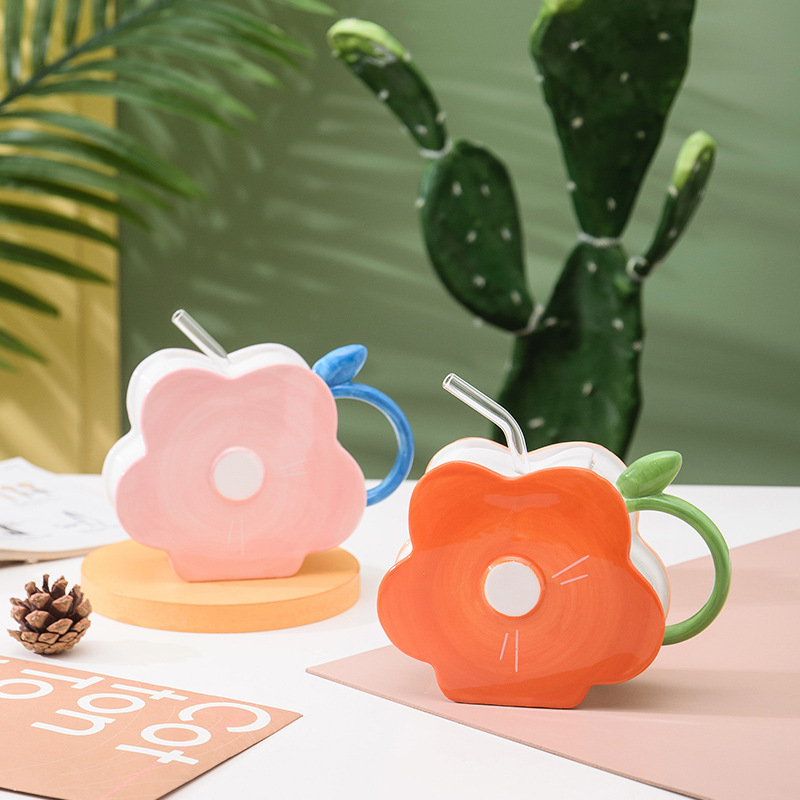 Cute Ceramic Cup With Flower Straw